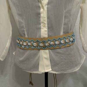 VTG Boho Cowrie Shell & Blue Beaded Suede Belt – One Size